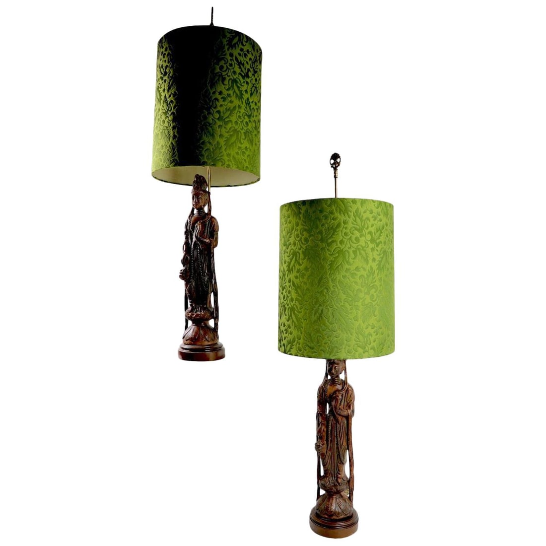 Stylish Pair of Carved Wood Tibetan Buddha Table Lamps (1 of 10)