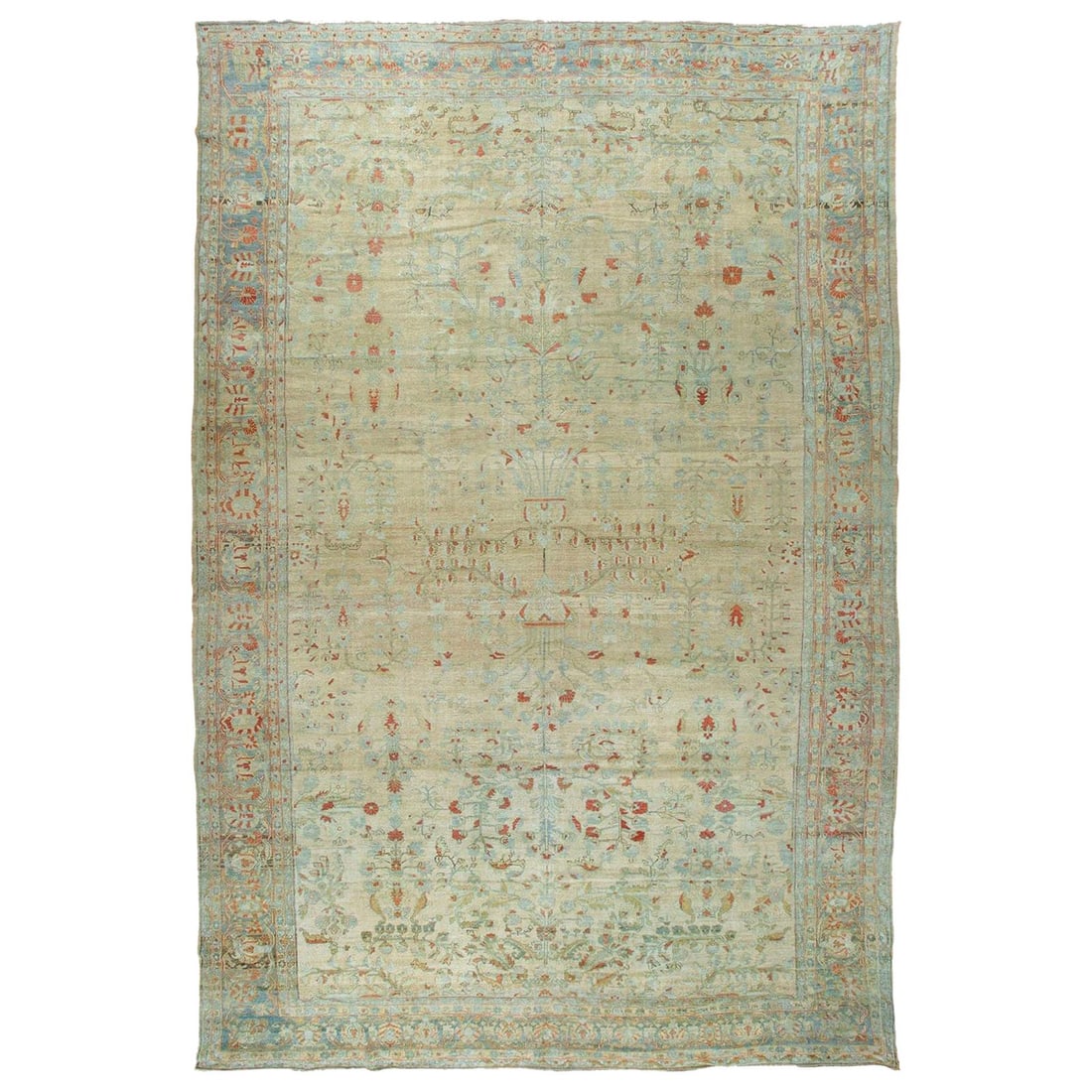 Oversize Antique Persian Mohajeran Sarouk Rug 13' x 19'8' Wool Hand-Woven Industrial Style: Oversize Antique Persian Mohajeran Sarouk Rug 13' x 19'8' Wool Hand-Woven Industrial Style This stunning oversize antique Persian Mohajeran Sarouk rug features a captivating pale wheat ground compleme