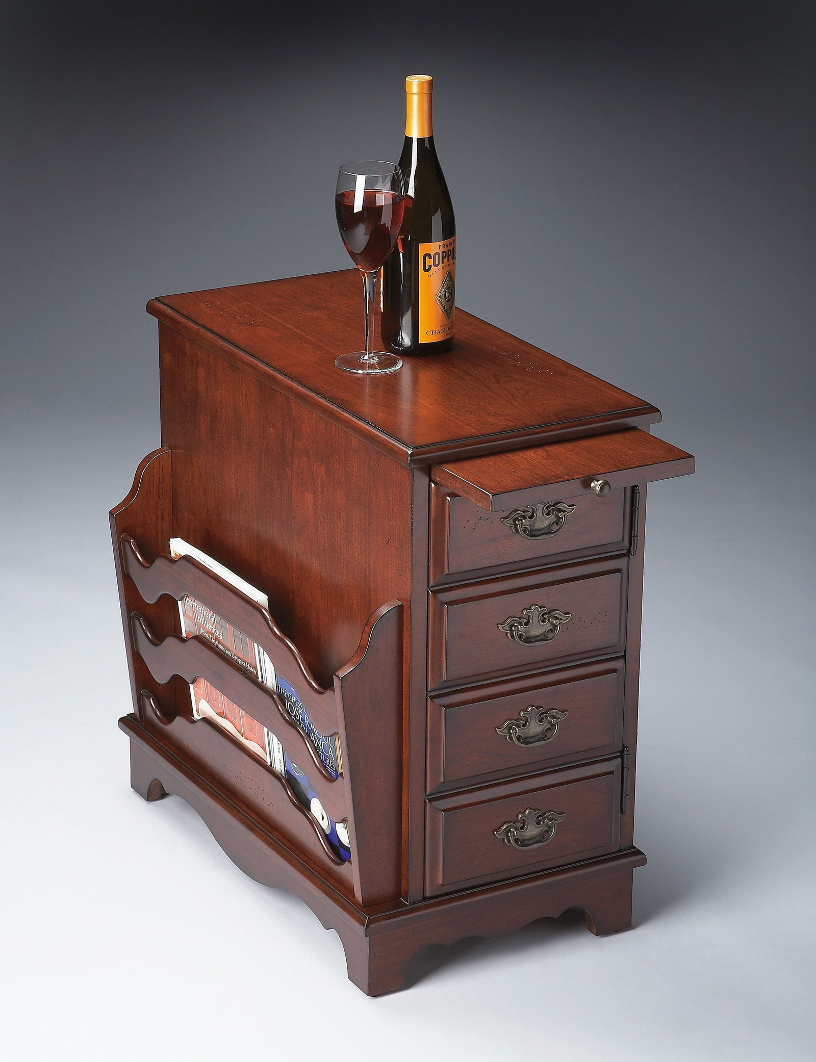 Butler Gregory Cherry Side Table Dark Brown Antique Style: Butler Gregory Cherry Side Table Dark Brown Antique Style Introducing the Butler Gregory Cherry Magazine Table, a beautifully crafted piece that embodies antique or vintage style. This side table feat