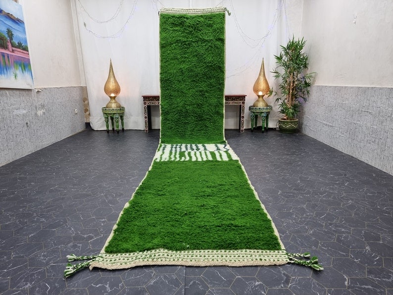 Authentic Green Handwoven Runner Rug 2 x 10 Feet Moroccan Craftsmanship: Authentic Green Handwoven Runner Rug 2 x 10 Feet Moroccan Craftsmanship Enhance your living space with this stunning authentic green runner rug. Handwoven in the Atlas Mountains by skilled local Berbe