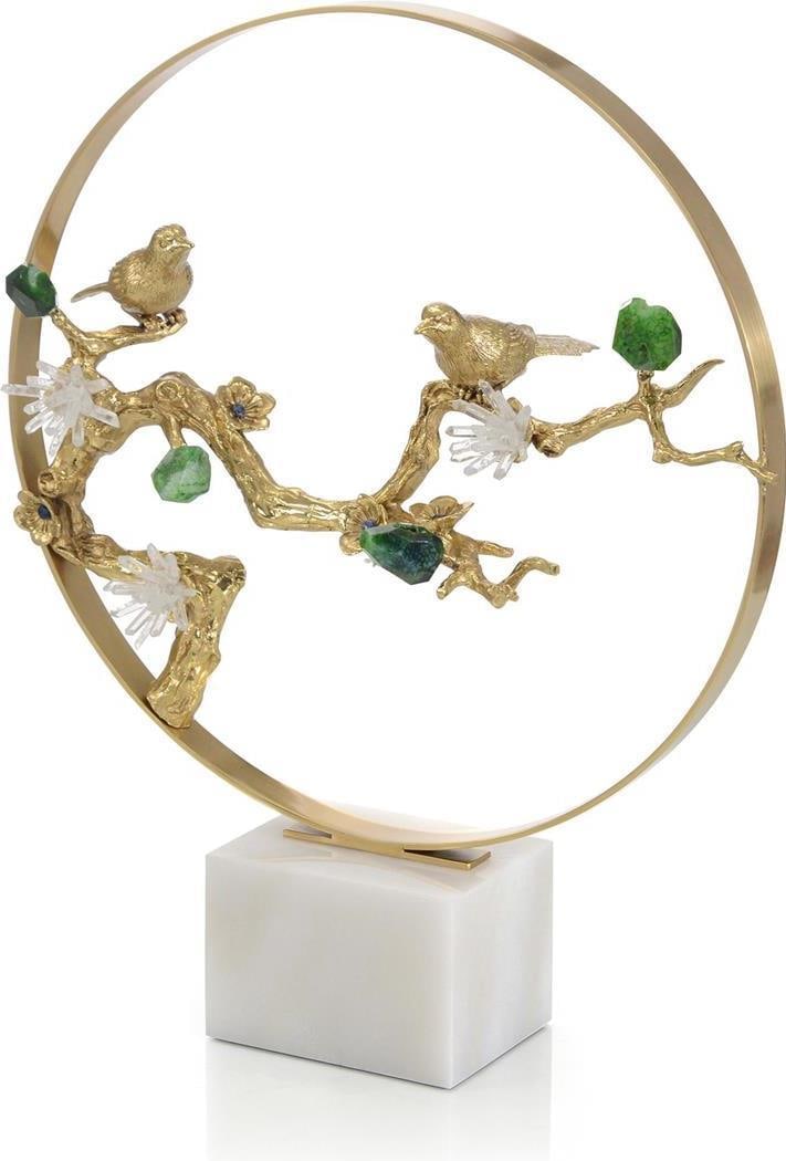 Victorian Brass Bird Sculpture with Agate Floral Accents 17.5H: Victorian Brass Bird Sculpture with Agate Floral Accents 17.5H Discover a stunning Victorian-style sculpture featuring intricately designed brass birds complemented by vibrant agate florals. This exqu