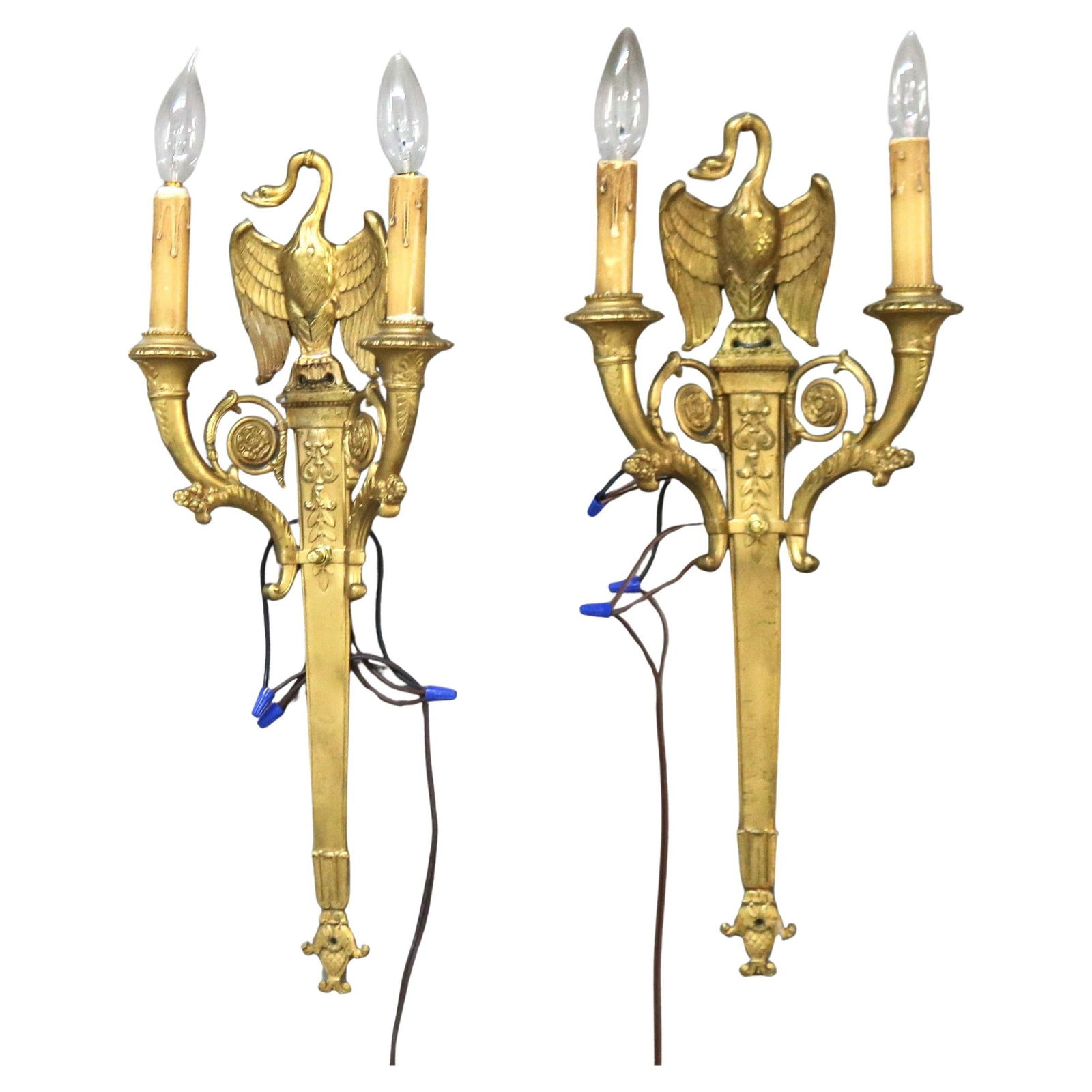Antique French Empire Goose Gilt Bronze Two-Light Sconces Set of 2 C1920 (1 of 10)