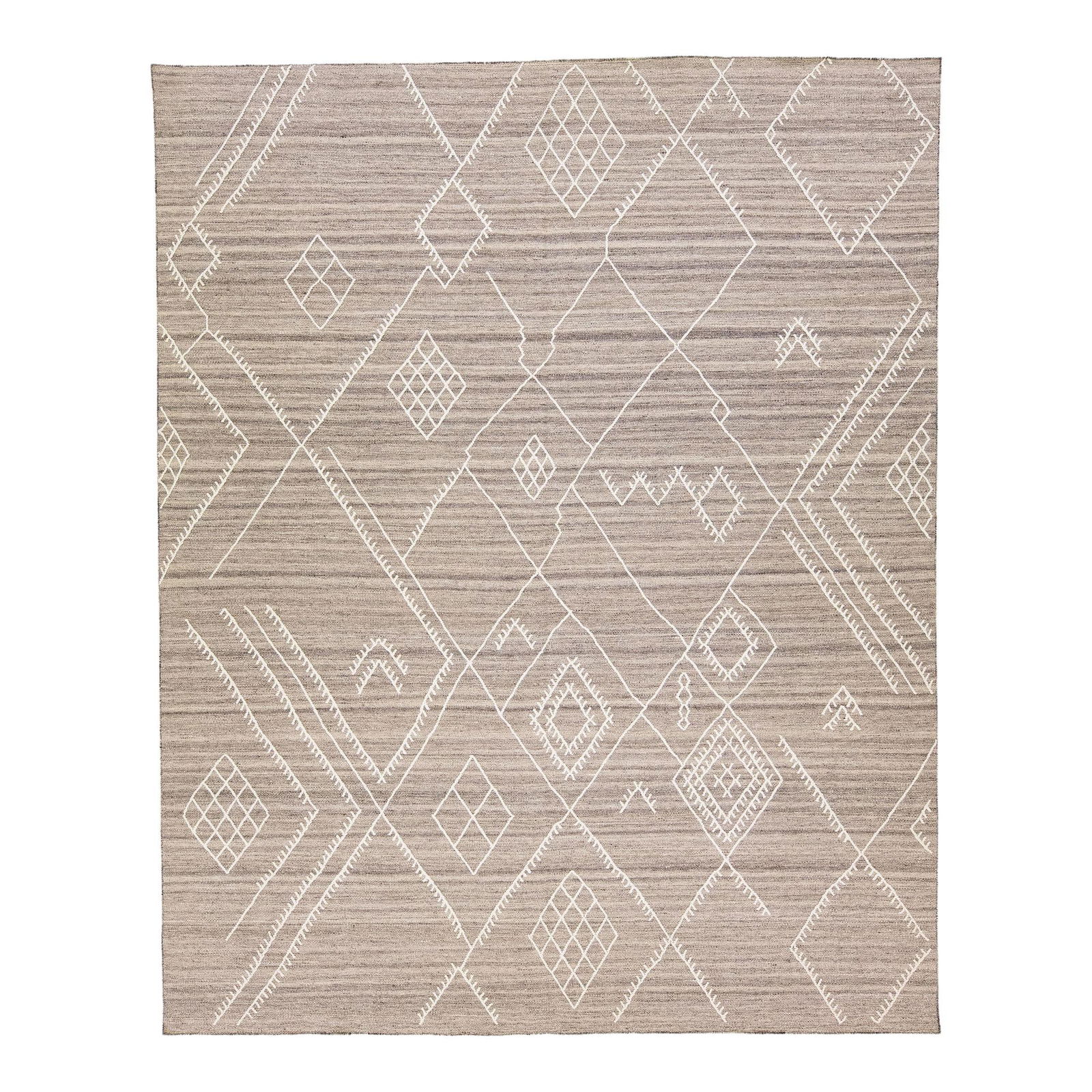 Nantucket Collection Taupe Wool Kilim Rug 10'2 x 12'9: Nantucket Collection Taupe Wool Kilim Rug 10'2 x 12'9 This exquisite handmade kilim rug features a soft beige-taupe color field, perfectly suited for modern interiors. Part of the Nantucket collection
