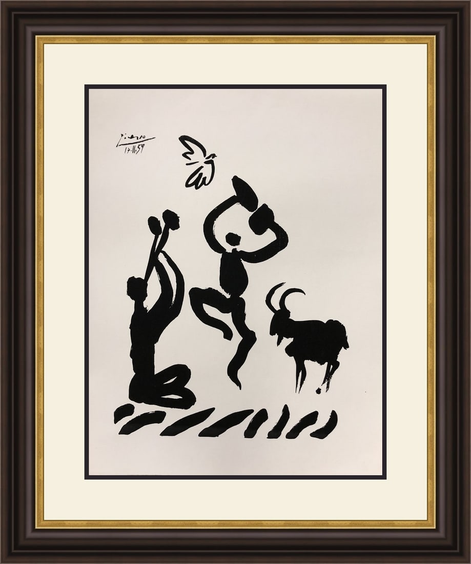 Pablo Picasso La Danse Du Berger Custom Framed Silkscreen Print 30 x 36: Pablo Picasso La Danse Du Berger Custom Framed Silkscreen Print 30 x 36 This exquisite custom-framed silkscreen print by Pablo Picasso, titled 'La Danse Du Berger', showcases a vibrant portrayal of fi