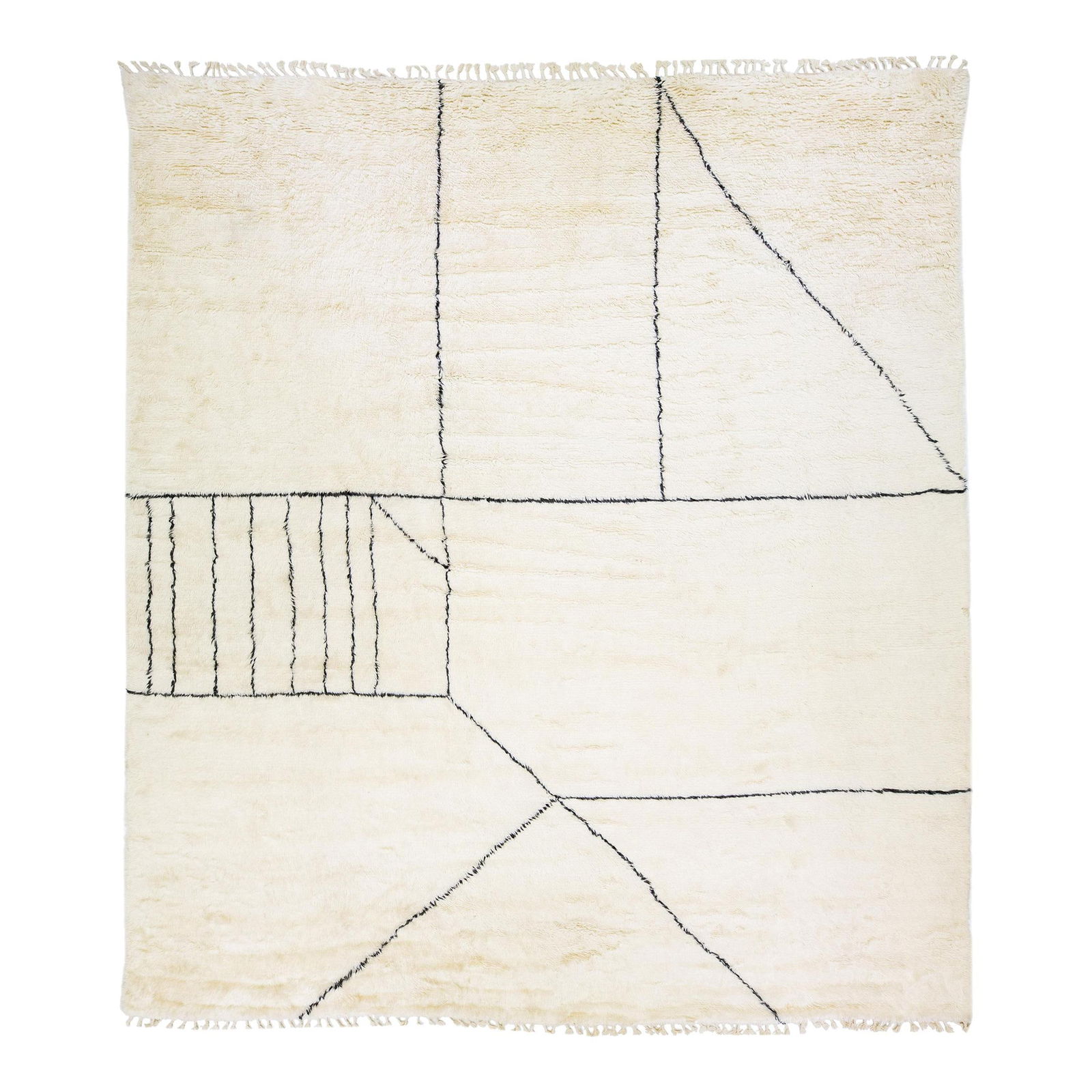 Handmade Ivory Wool Geometric Rug 13'10 x 15'10: Handmade Ivory Wool Geometric Rug 13'10 x 15'10 Enhance your living space with this exquisite modern Moroccan style handmade wool rug featuring a striking geometric design. This hand-knotted rug showc