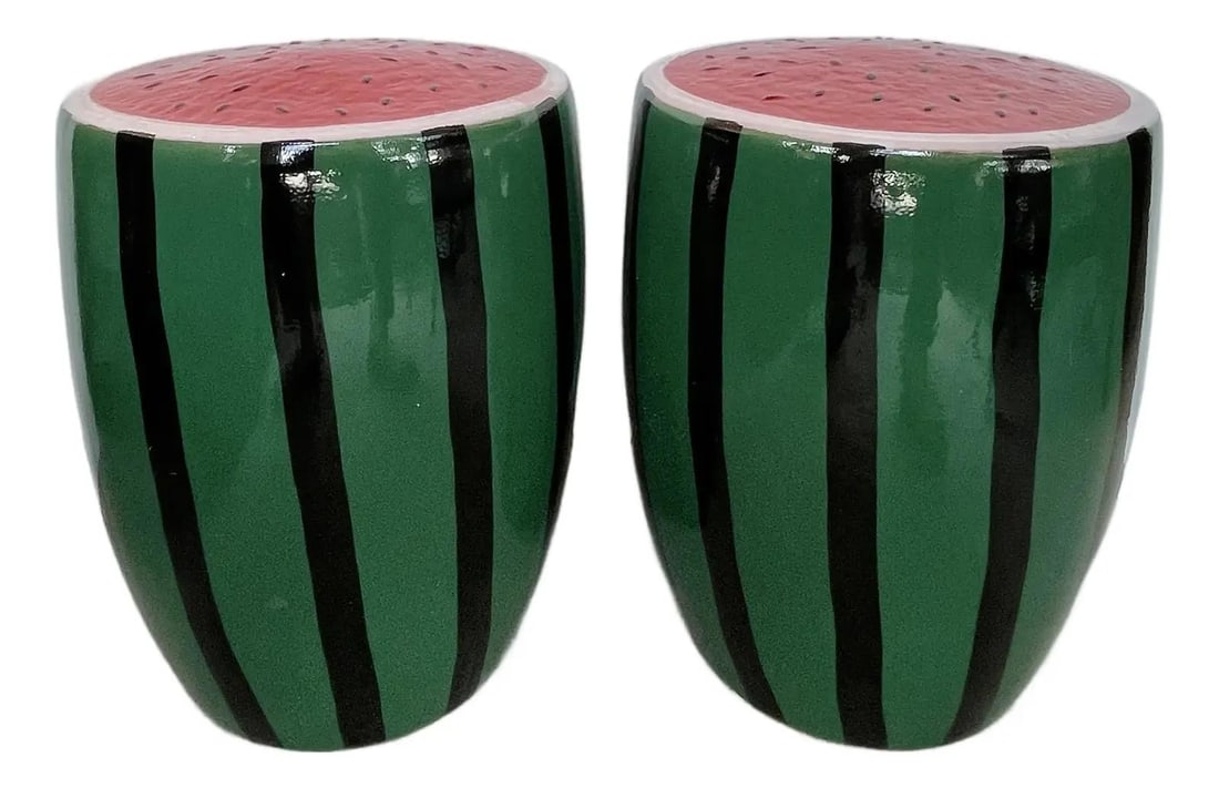 Colorful Pair of Glazed Ceramic Watermelon Garden Stools (1 of 9)