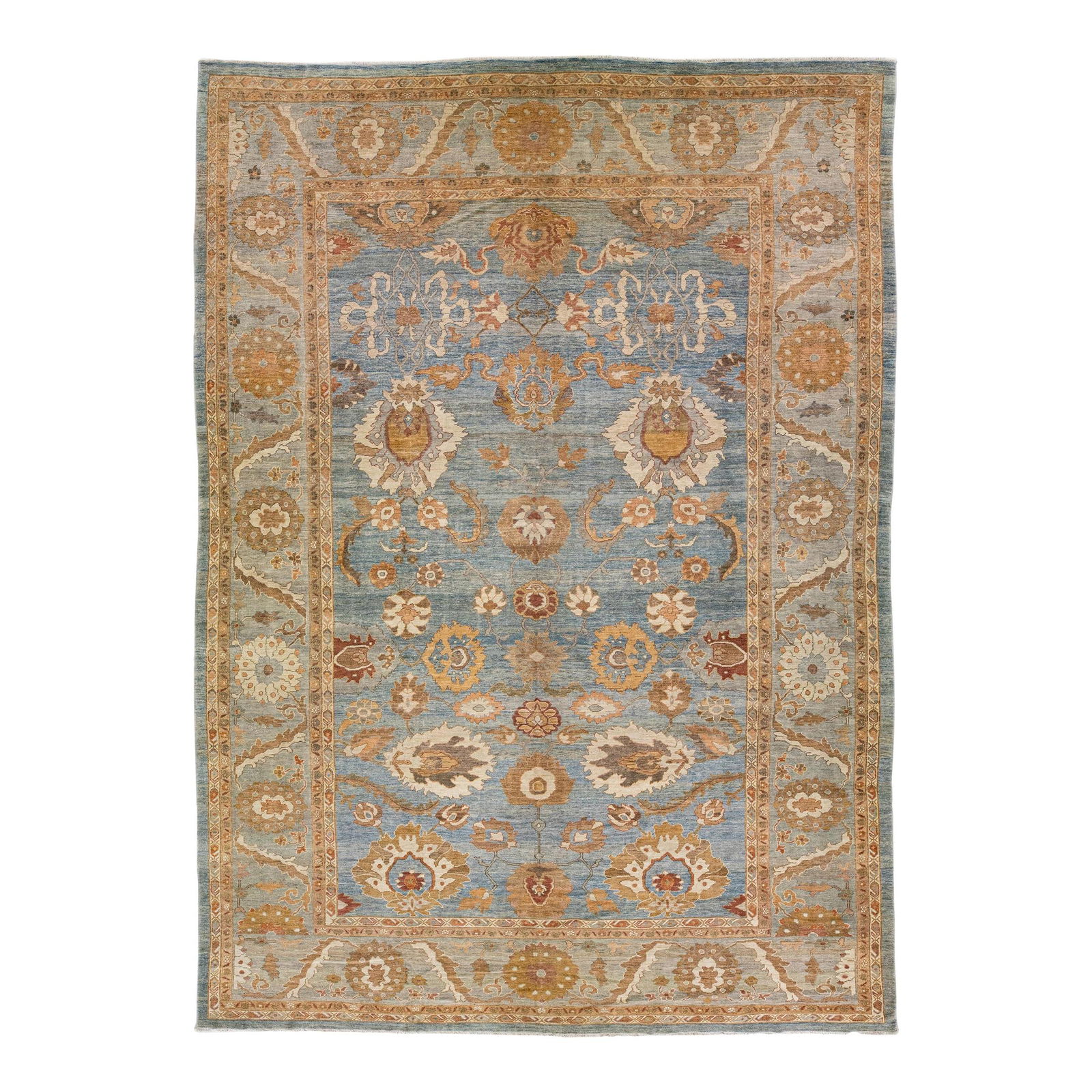 Modern Sultanabad Oversize Floral Wool Rug Blue 12'9 x 17'9: Modern Sultanabad Oversize Floral Wool Rug Blue 12'9 x 17'9 Experience the elegance of this modern Sultanabad hand-knotted wool rug, featuring a captivating blue field adorned with brown, terracotta,