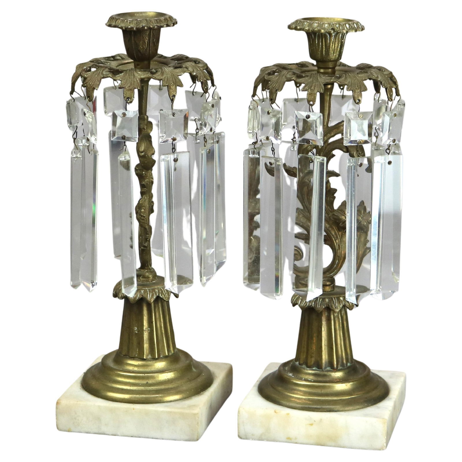 Antique Set of 2 Bronze Crystal Candle Holders Marble Base C1890 (1 of 6)