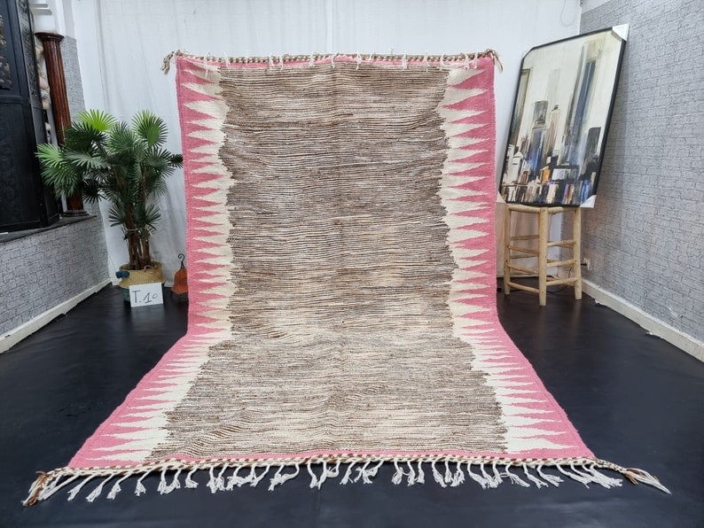 Authentic Handmade Moroccan Berber Wool Rug Brown Pink 9.84 x 6.56 Feet: Authentic Handmade Moroccan Berber Wool Rug Brown Pink 9.84 x 6.56 Feet Introducing a stunning authentic brown and pink handmade Moroccan Berber wool area rug. This exquisite piece has been handwoven