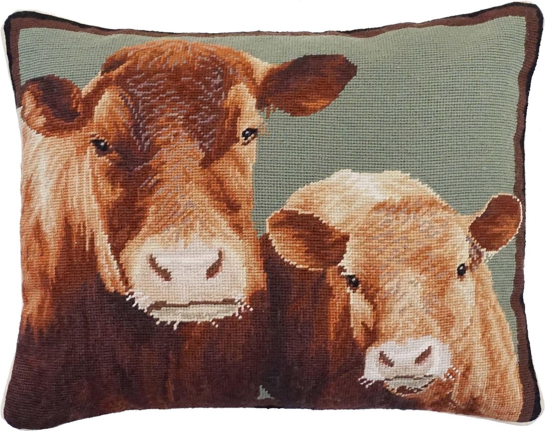 Rustic Cow & Calf Needlepoint Pillow Country Farmhouse Decor (1 of 1)