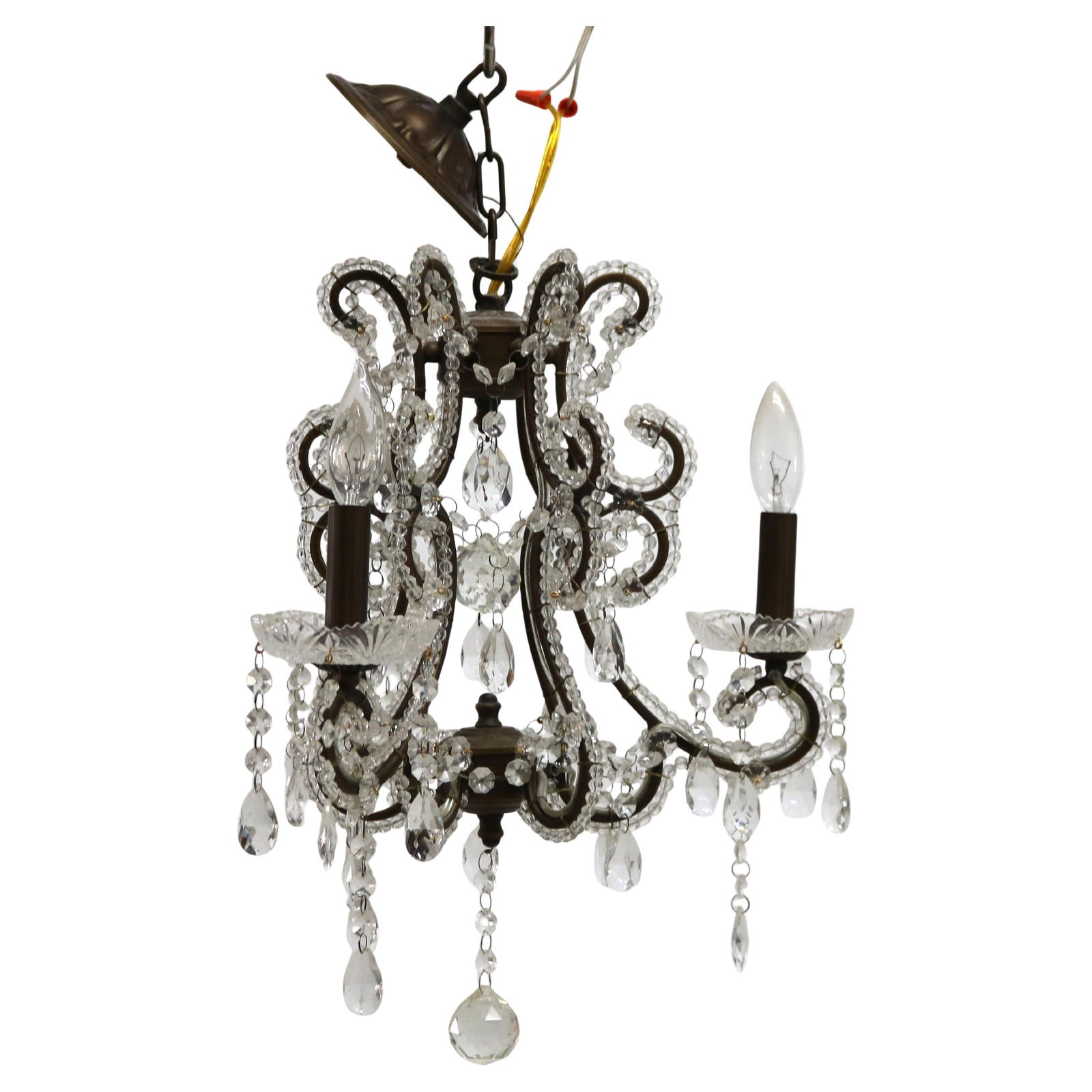 Vintage 1940s Crystal Bead Three Light Chandelier Hardwired USA: Vintage 1940s Crystal Bead Three Light Chandelier Hardwired USA Illuminate your space with this elegant Vintage Crystal Bead and Cut Crystal Three Light Chandelier, crafted circa 1940. This exquisite