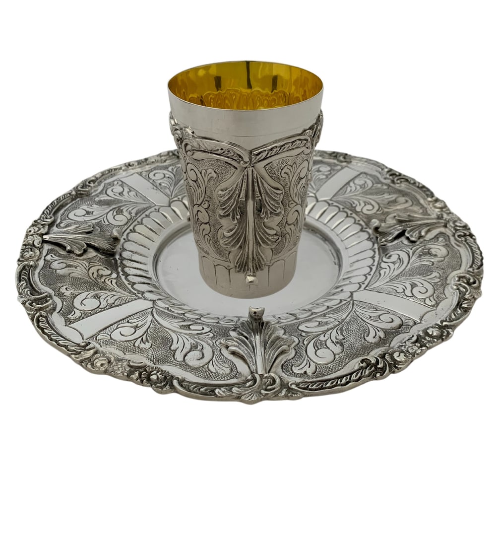 Handmade 925 Sterling Silver Leaf Applique Chased Cup & Tray Set (1 of 4)