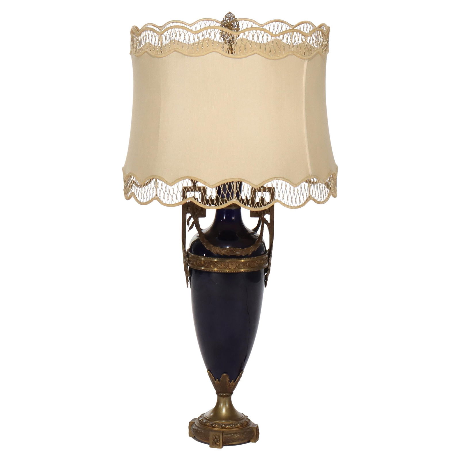 Antique C1900 French Sevres Cobalt Blue Lamp with Metal Overlay (1 of 8)