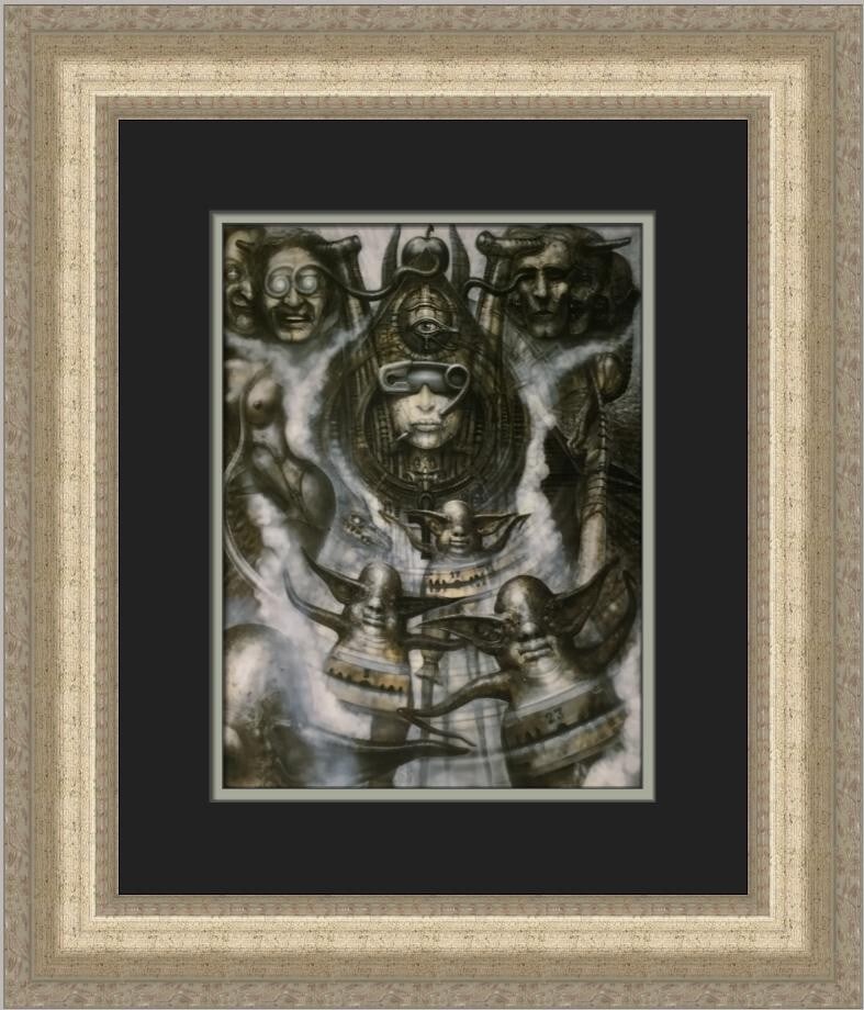 H.R. Giger Illuminatus I Custom Framed Fantasy Print 19 x 17: H.R. Giger Illuminatus I Custom Framed Fantasy Print 19 x 17 This custom framed print features H.R. Giger's striking work titled "Illuminatus I," showcasing intricate nude figures in a captivating fan