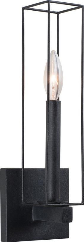Kalco Industrial Black Iron Geometric Wall Sconce Dimmable 1-Light: Kalco Industrial Black Iron Geometric Wall Sconce Dimmable 1-Light Illuminate your space with this stylish Industrial Chic Black Iron Wall Sconce. Crafted from durable steel, this geometric sconce