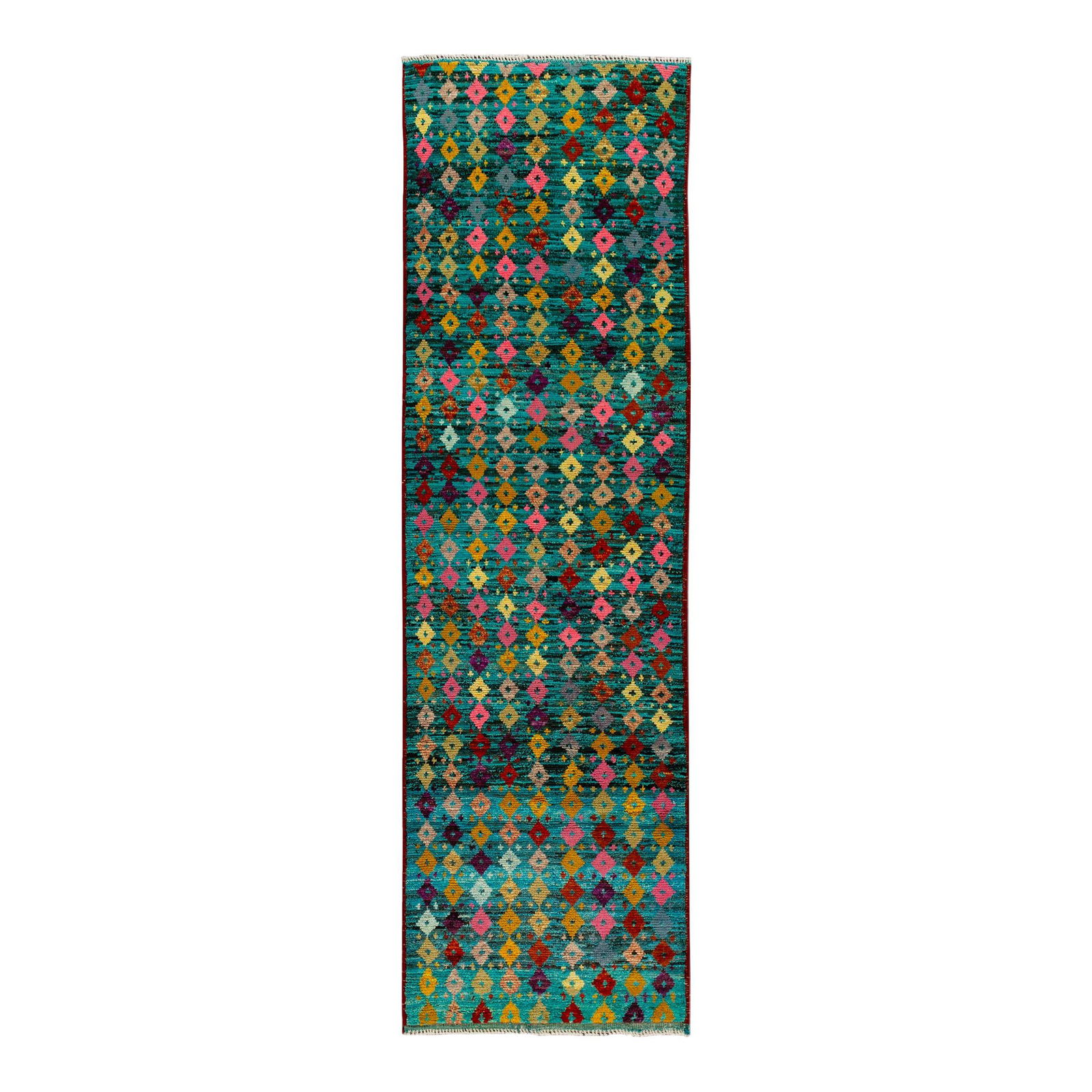 Handmade Teal Gabbeh Wool Runner Rug Tribal Design 2'9 X 9'5: Handmade Teal Gabbeh Wool Runner Rug Tribal Design 2'9 X 9'5 Enhance your space with this exquisite modern Gabbeh hand-knotted wool runner featuring a vibrant teal field. Adorned with a multi-color