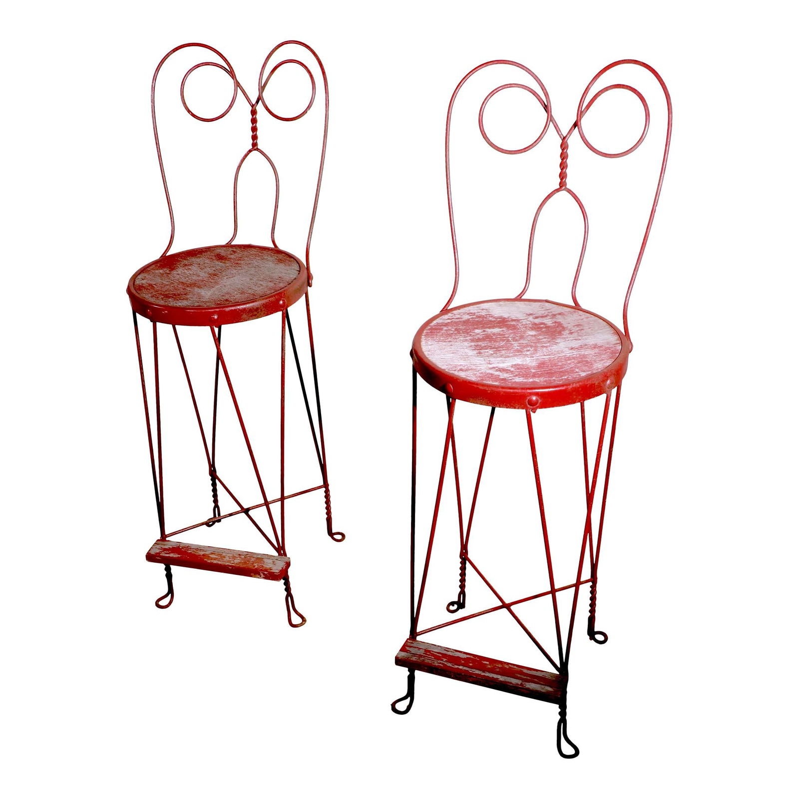 Charming Vintage Red Wrought Iron Ice Cream Parlor Stools Pair (1 of 10)