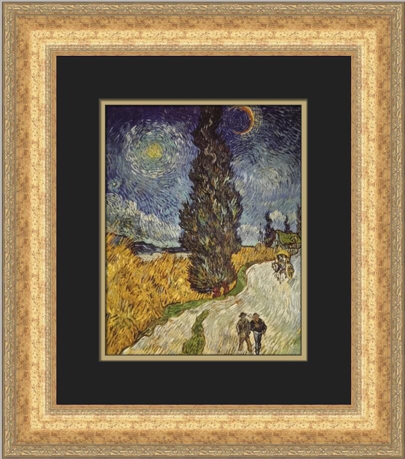 Vincent Van Gogh A Road with Cypress and a Star Custom Framed Art Print: Vincent Van Gogh A Road with Cypress and a Star Custom Framed Art Print This stunning custom framed print features Vincent Van Gogh's "A Road with Cypress and a Star". Measuring 17" x 15", this medium