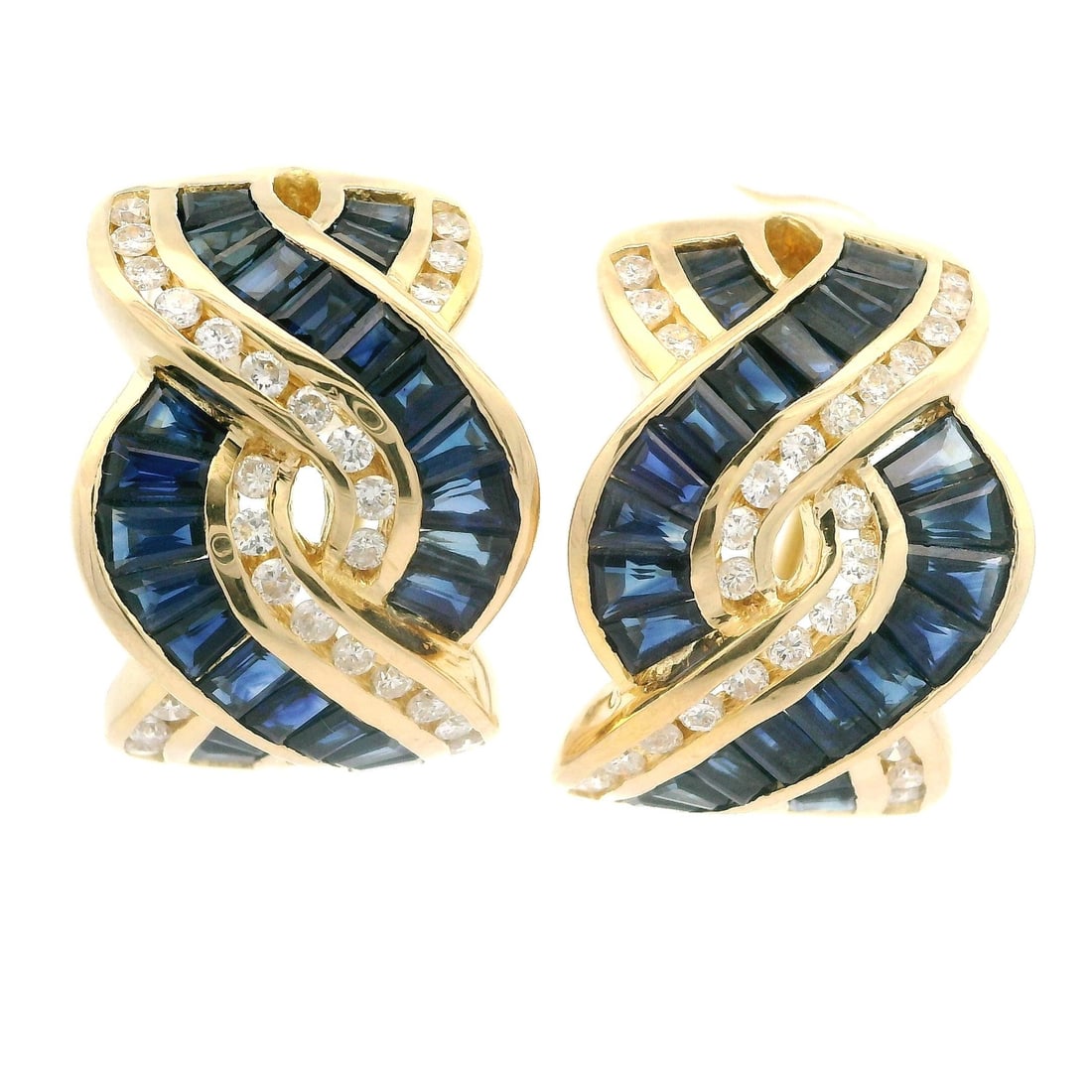 Omega 17K Yellow Gold Sapphire Diamond Cuff Earrings: Omega 17K Yellow Gold Sapphire Diamond Cuff Earrings Elevate your style with these exquisite Yellow Gold Baguette Sapphire Diamond Braided Cuff Convertible Back Earrings. Crafted from 17K yellow gold,
