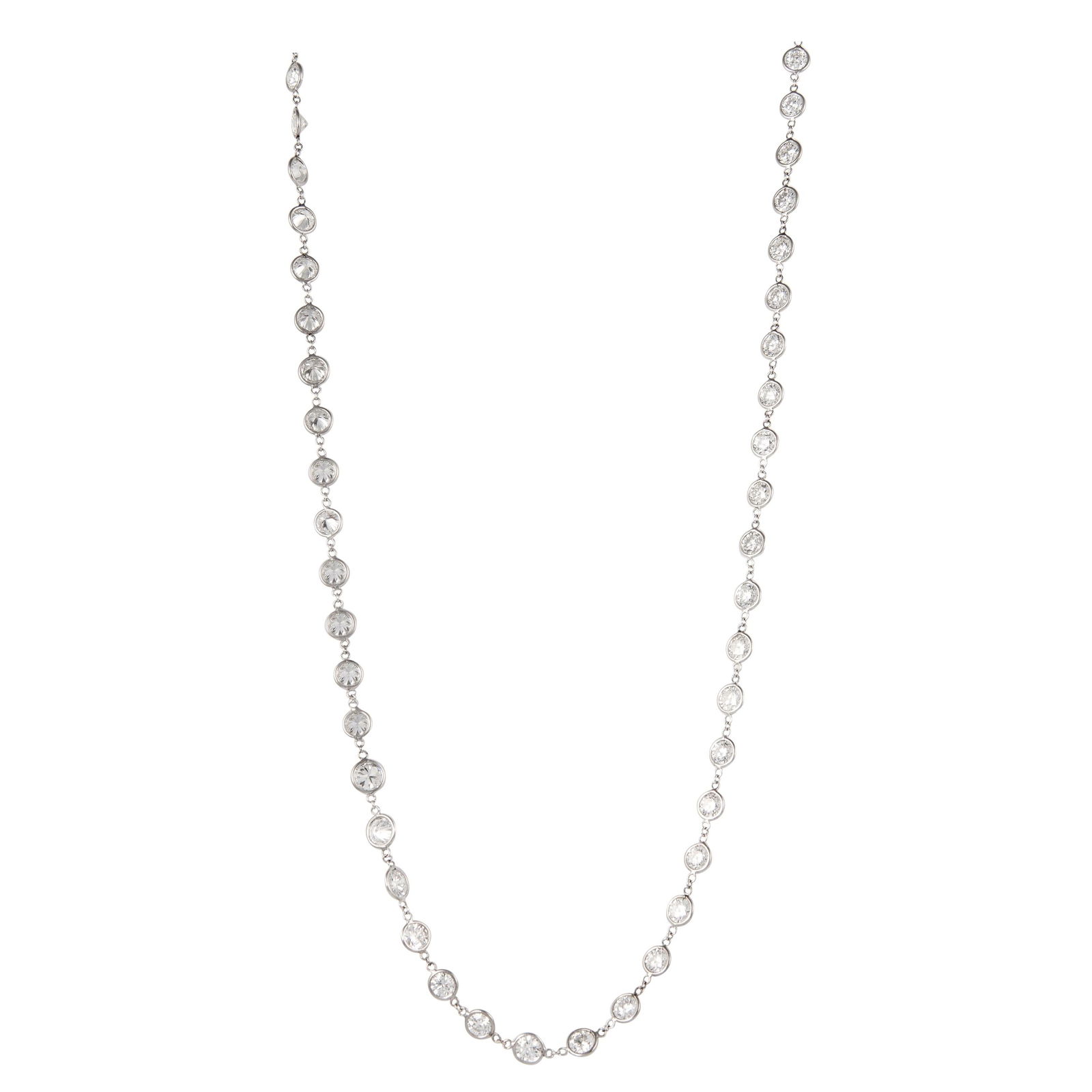 37.50ct Modern Diamond Necklace in 18k White Gold: 37.50ct Modern Diamond Necklace in 18k White Gold This stunning necklace features 75 round brilliant diamonds, each averaging 0.50 carats, totaling an impressive 37.50 carats. The diamonds are approxi