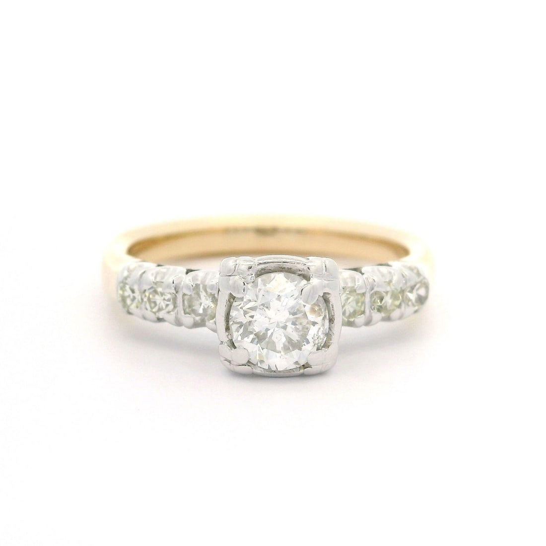 Vintage Two Tone 14k Gold 0.87ct Diamond Engagement Ring: Vintage Two Tone 14k Gold 0.87ct Diamond Engagement Ring This exquisite vintage engagement or promise ring features a stunning two-tone design crafted from solid 14k yellow gold with a white gold top.