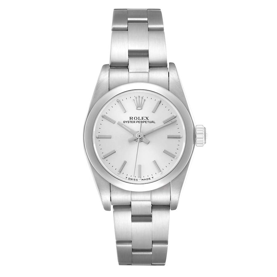Ladies Oyster Perpetual Silver Stick Dial Watch Ref 76080: Ladies Oyster Perpetual Silver Stick Dial Watch Ref 76080 This Rolex Oyster Perpetual features a classic silver stick dial and a smooth bezel, complemented by an Oyster bracelet. Designed for ladies,