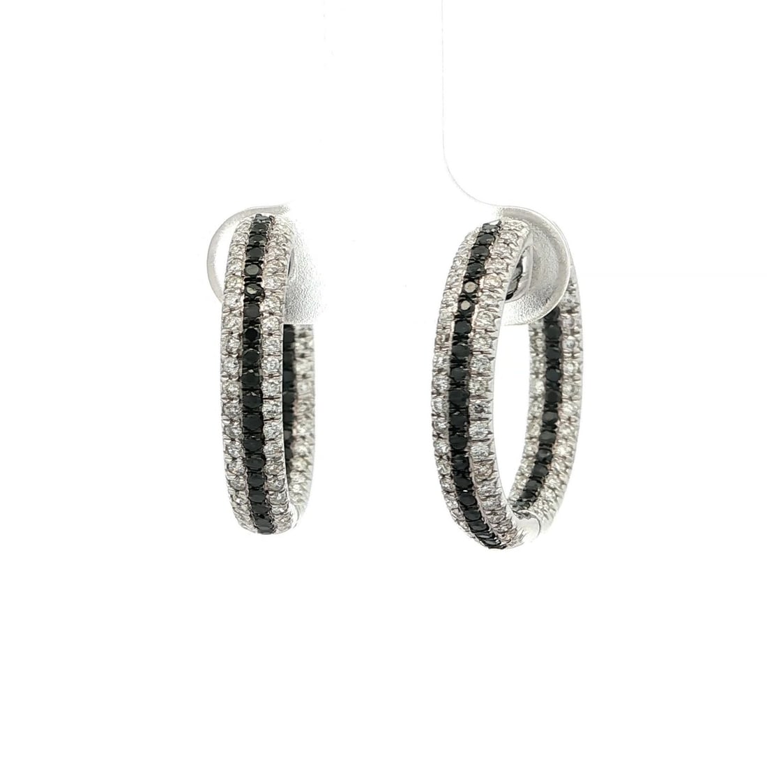18k White Gold 1.08ct Fancy Black and White Diamond Hoop Earrings - 2
