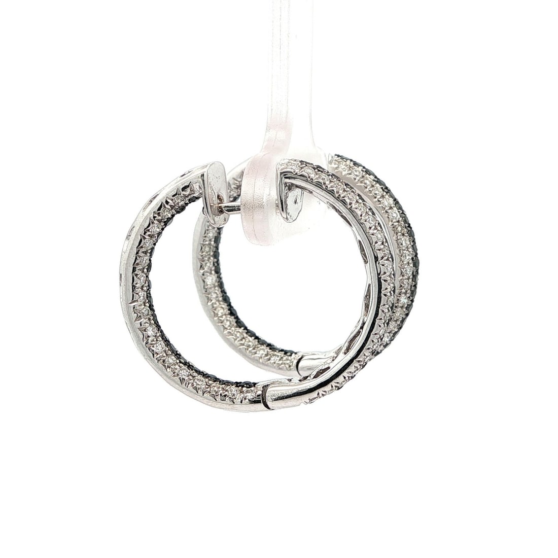 18k White Gold 1.08ct Fancy Black and White Diamond Hoop Earrings - 6