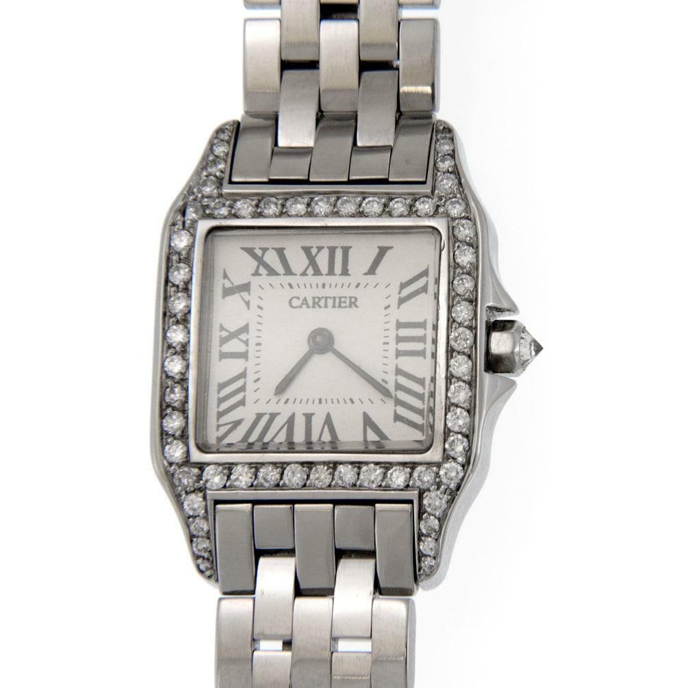 Cartier Santos Demoisel Diamond Bezel Stainless Steel Quartz Watch: Cartier Santos Demoisel Diamond Bezel Stainless Steel Quartz Watch This authentic Cartier midsize wristwatch from the Santos Demoisel collection features a stainless steel case and band, designed