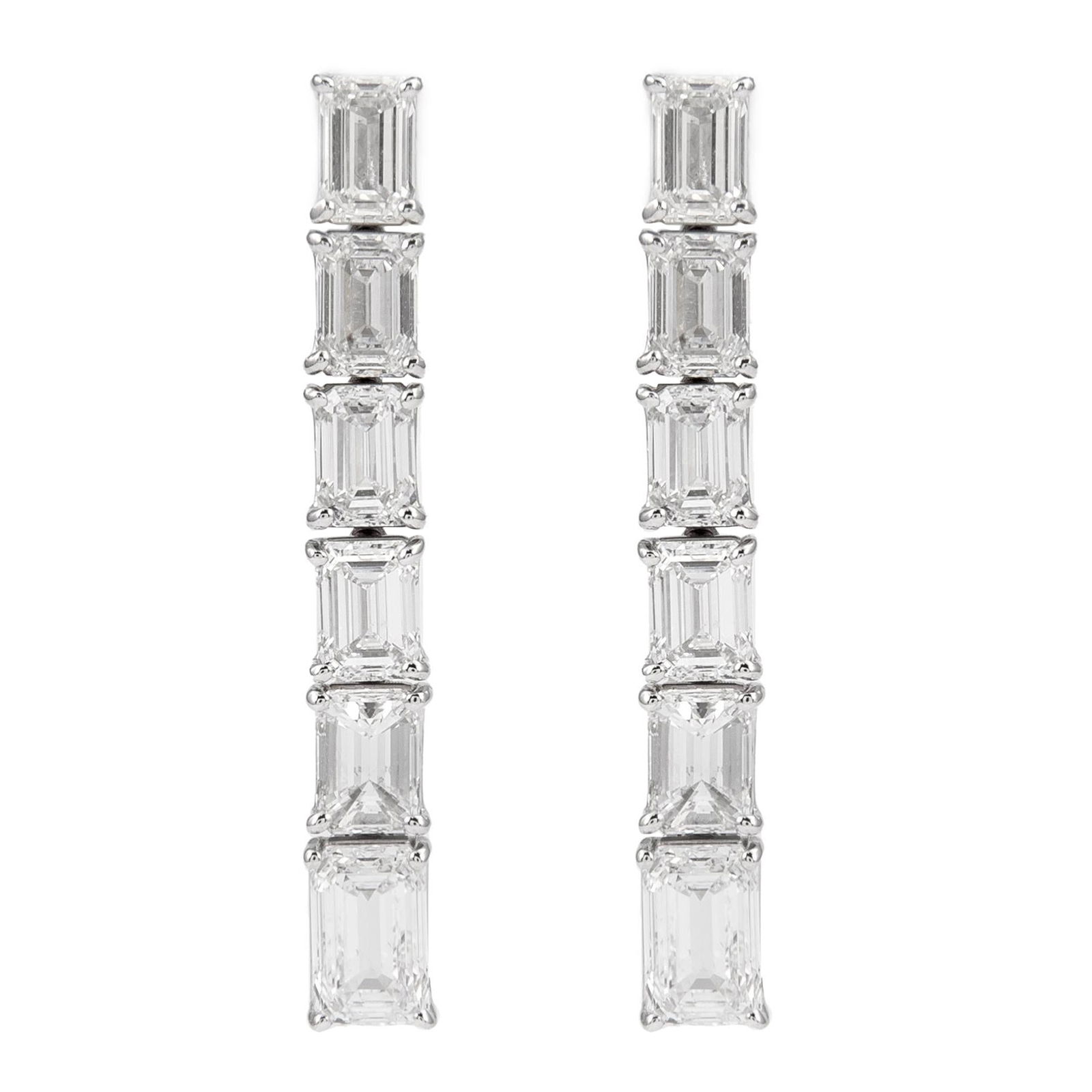 5.33ct GIA Emerald Cut Diamond Drop Earrings 18k White Gold: 5.33ct GIA Emerald Cut Diamond Drop Earrings 18k White Gold These exquisite drop earrings feature a total diamond weight of 5.33 carats, showcasing a stunning arrangement of emerald cut diamonds set i