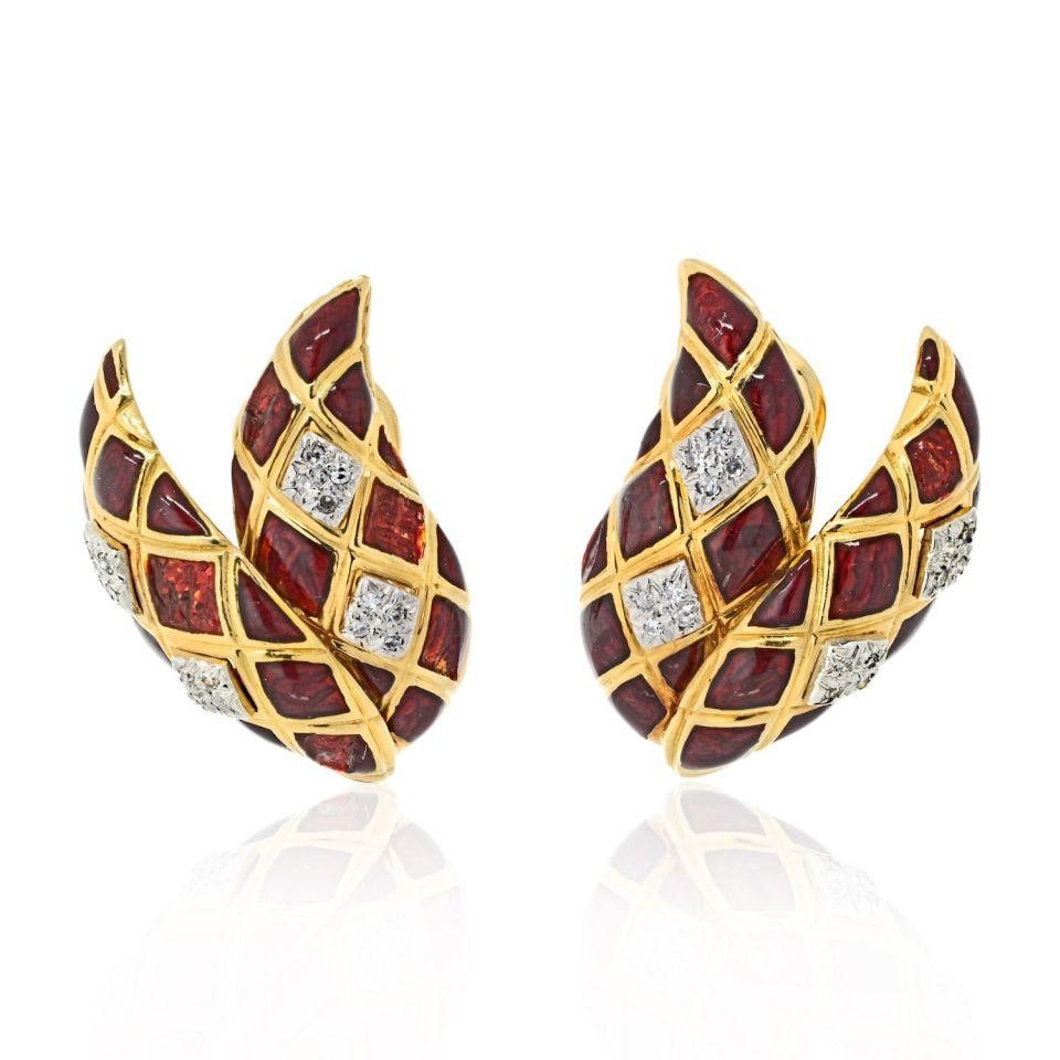 David Webb Platinum 18K Gold Red Enamel Diamond Clip Earrings: David Webb Platinum 18K Gold Red Enamel Diamond Clip Earrings These stunning David Webb clip-on earrings showcase a luxurious combination of platinum and 18K yellow gold. Each earring is adorned with