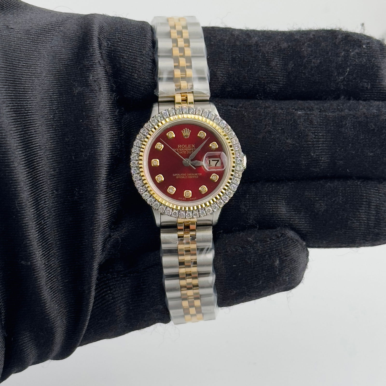 Ladies Datejust 6517 Aftermarket Red Diamond Dial Jubilee Bracelet Watch (1 of 3)