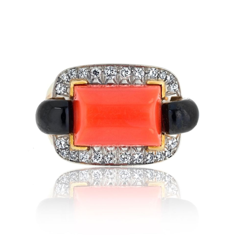 David Webb Platinum 18K Gold Coral Onyx Diamond Estate Ring (1 of 1)