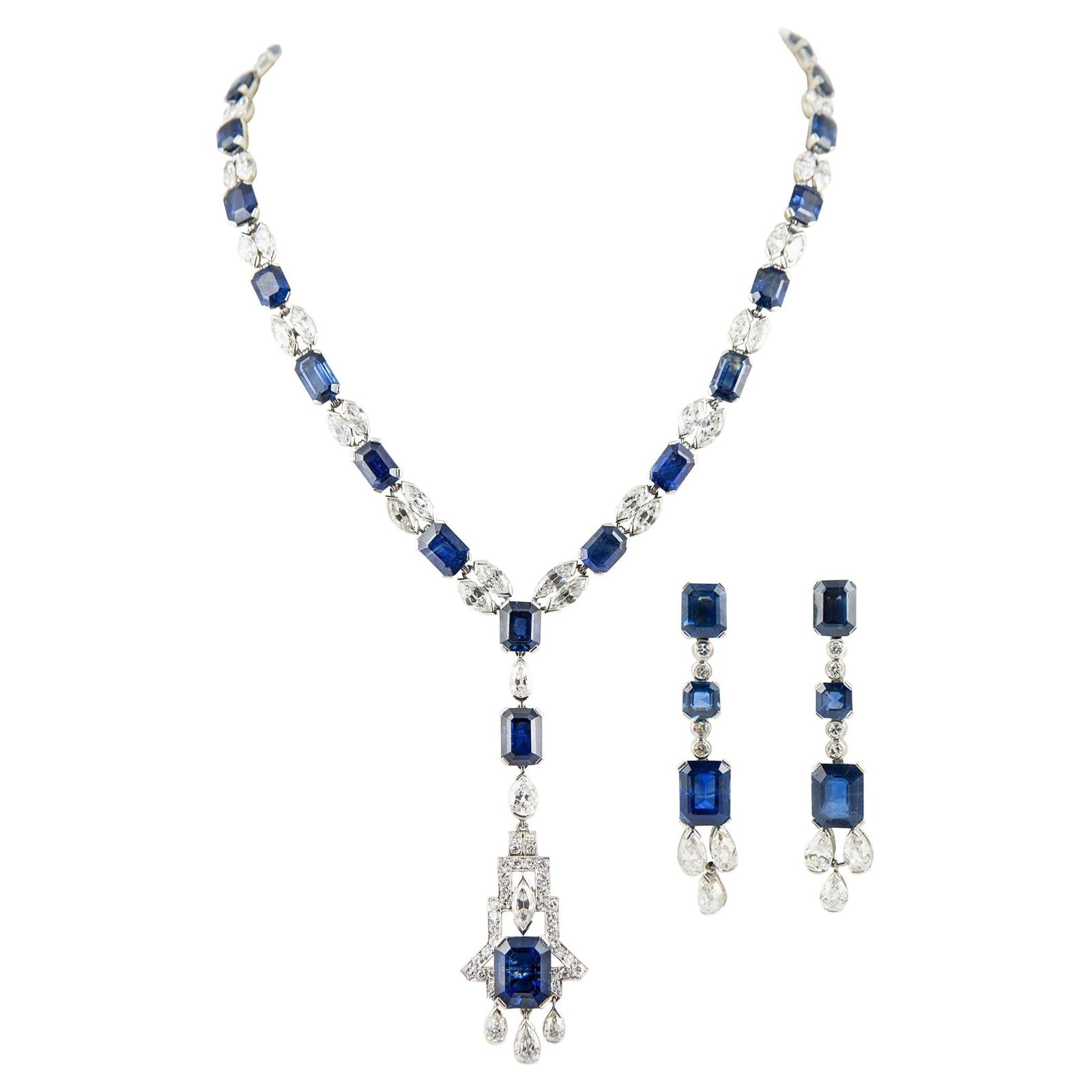 Vintage 131.05ct No Heat Sapphire Diamond Necklace Earrings Platinum Set: Vintage 131.05ct No Heat Sapphire Diamond Necklace Earrings Platinum Set This exquisite high jewelry set features a stunning necklace and earrings crafted from luxurious platinum. The set showcases ap