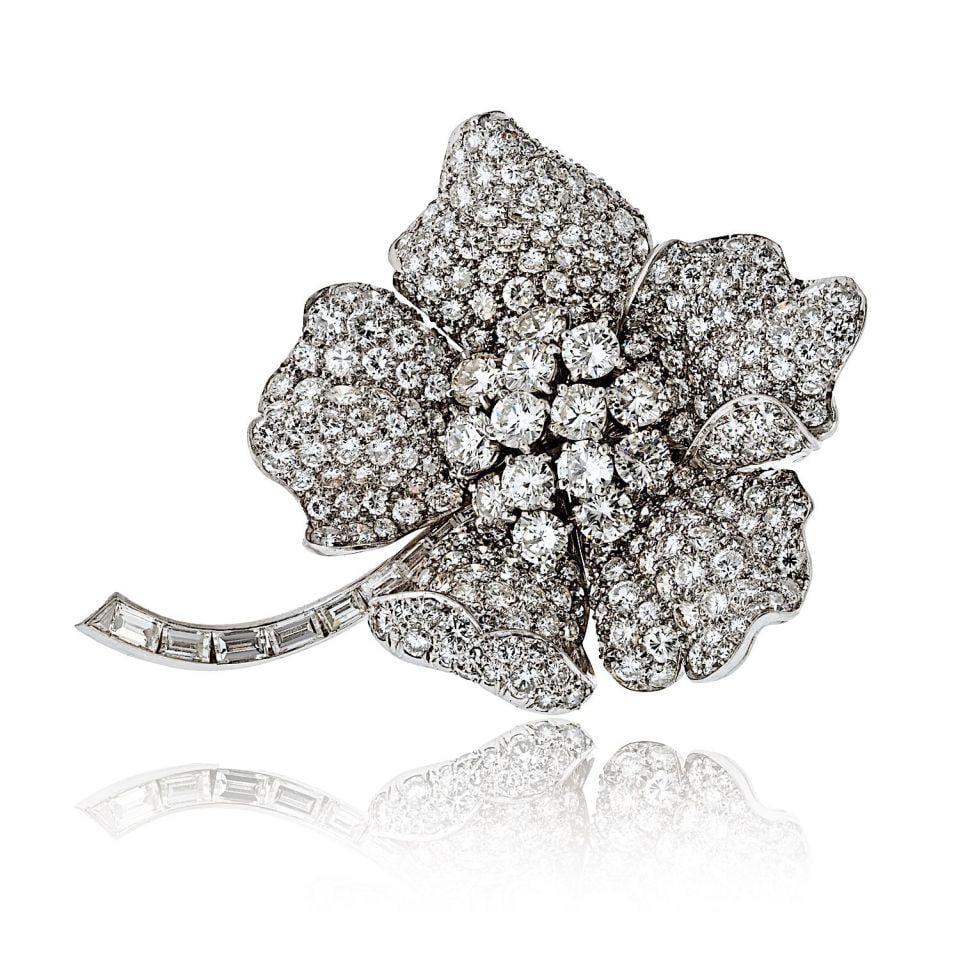 Vintage Platinum Flower Brooch 17cttw Diamond Cut Design (1 of 4)