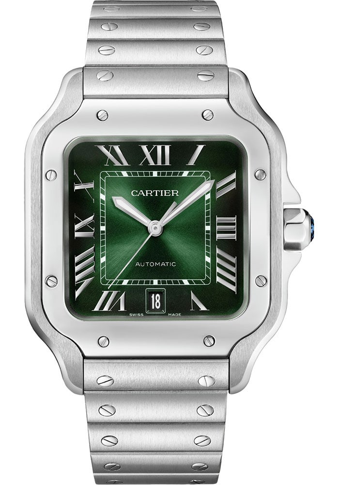 Santos de Cartier Green Dial Men's Watch WSSA0062 2023 Card Included: Santos de Cartier Green Dial Men's Watch WSSA0062 2023 Card Included This Cartier Santos de Cartier Large watch features a striking green dial, fixed bezel, and comes with a matching bracelet. The tim