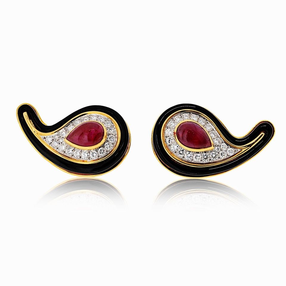 David Webb 18K Yellow Gold Black Enamel Ruby Diamond Clip Earrings (1 of 4)