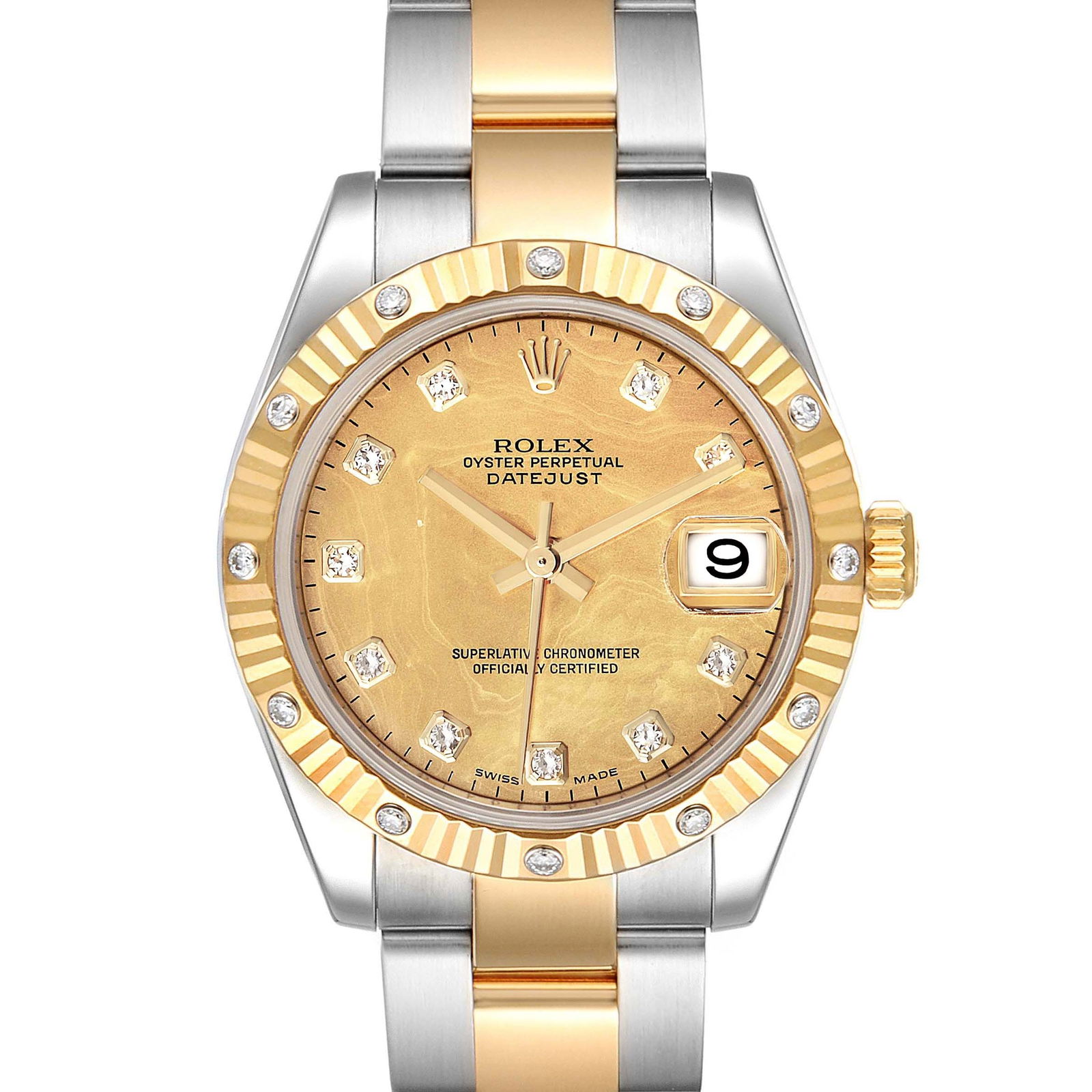 Ladies Rolex Datejust 178313 Gold Mother of Pearl Dial Oyster Bracelet: Ladies Rolex Datejust 178313 Gold Mother of Pearl Dial Oyster Bracelet This ladies Rolex Datejust features a gold mother-of-pearl dial and a fluted diamond factory bezel, complemented by an Oyster bra