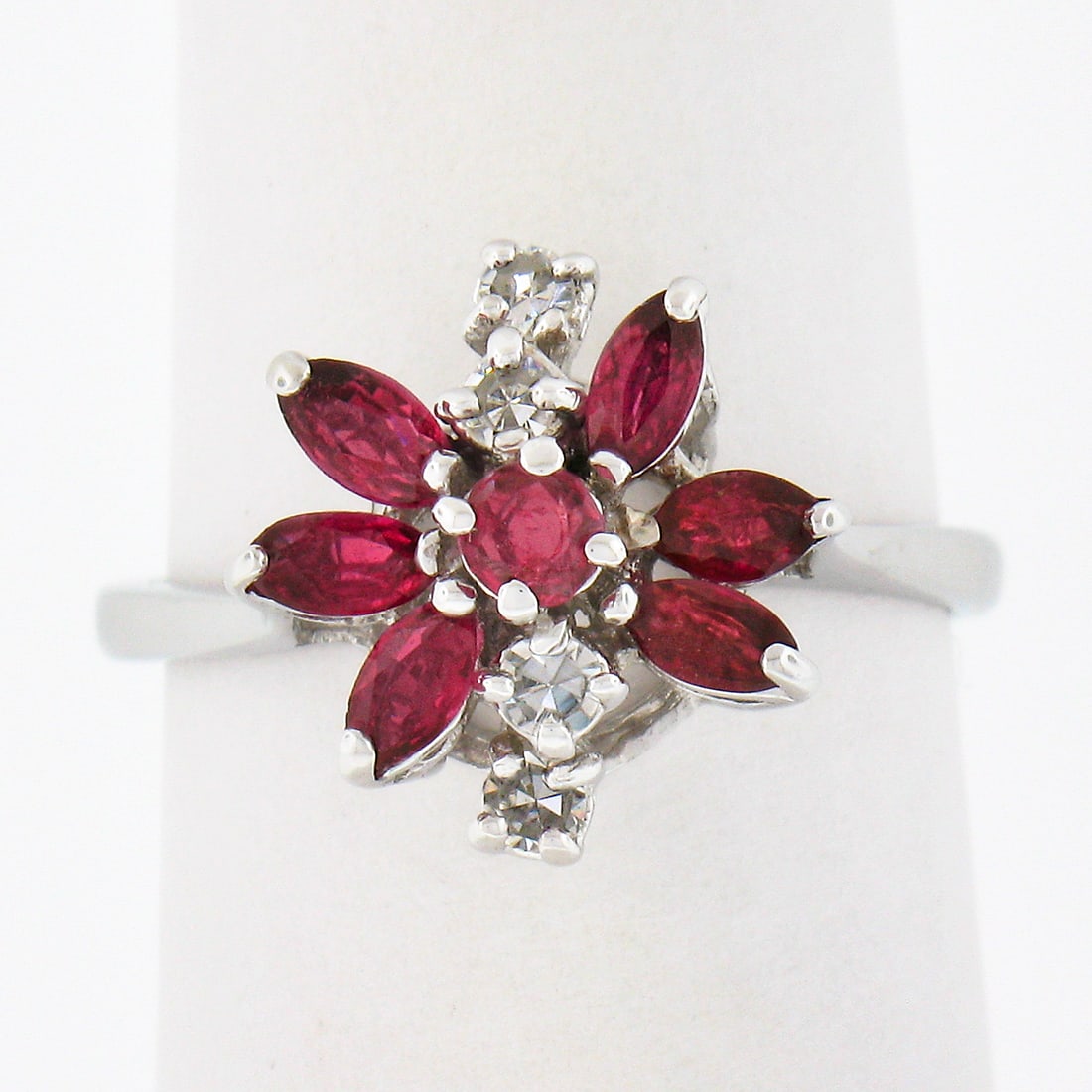 Vintage 14K White Gold Ruby Diamond Cluster Spray Ring 0.80ctw (1 of 7)