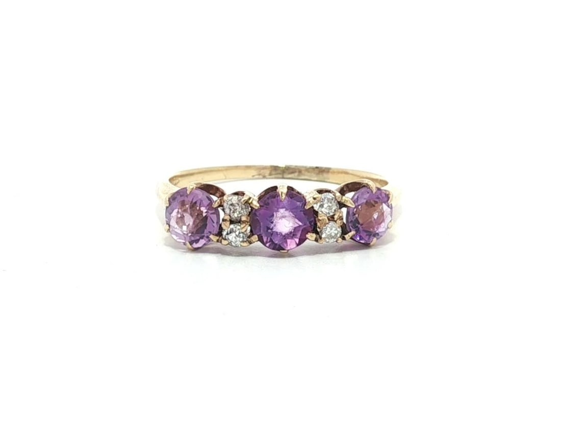 Antique Victorian 14k Yellow Gold Amethyst Diamond 3 Stone Ring (1 of 11)