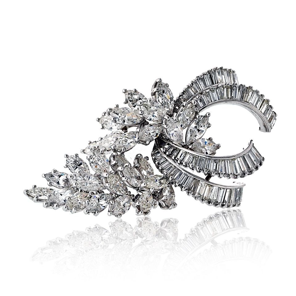 Platinum 18.00ct Diamond Marquise Baguette Cut Vintage Brooch (1 of 4)