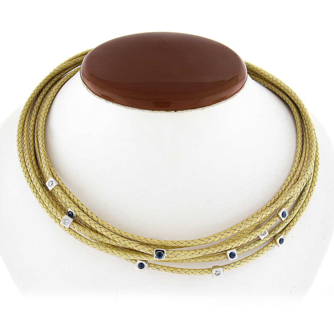 18k Gold Multi Strand Collar Necklace with Sapphire and Diamonds: 18k Gold Multi Strand Collar Necklace with Sapphire and Diamonds This stunning 18k Solid Gold Woven Multi-Strand Wide Collar Necklace showcases a beautiful combination of natural sapphires and diamond