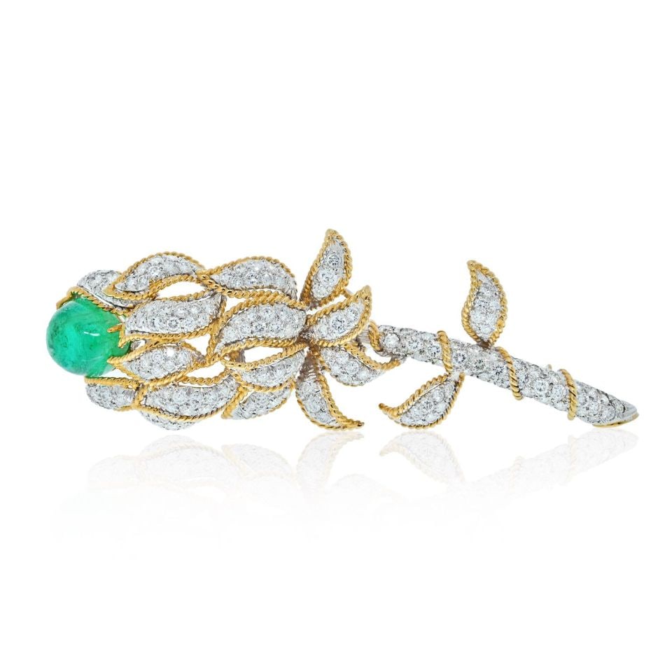David Webb Platinum 18K Gold Emerald Diamond Flower Brooch 7 Cts (1 of 5)
