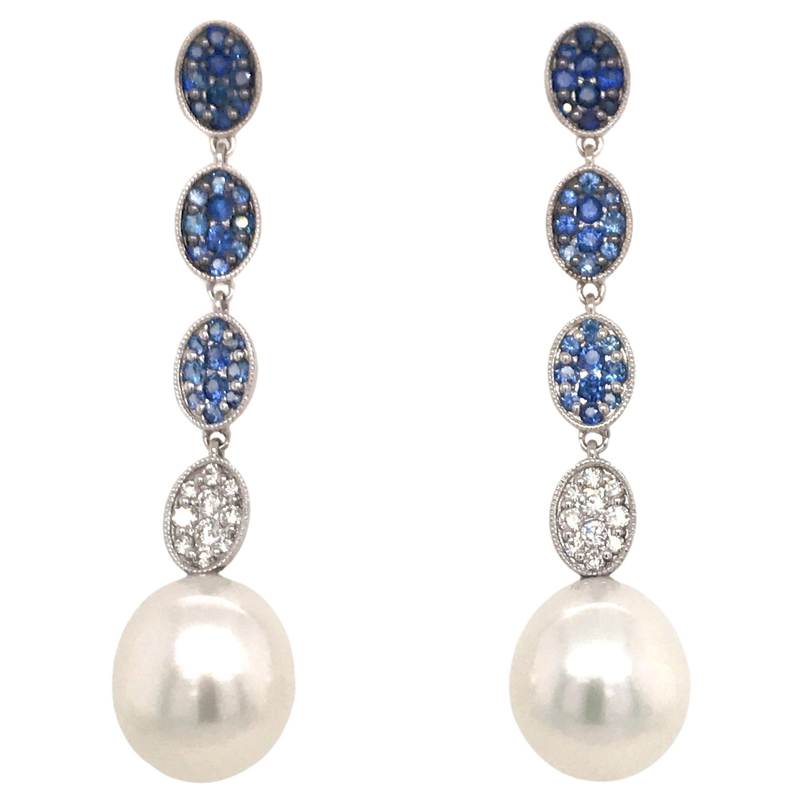 Harbor Diamonds 18K White Gold Sapphire Diamond Pearl Drop Earrings 1.72 Carat: Harbor Diamonds 18K White Gold Sapphire Diamond Pearl Drop Earrings 1.72 Carat These stunning drop earrings are crafted in 18K white gold and showcase a contemporary design. They feature ombree sapphi