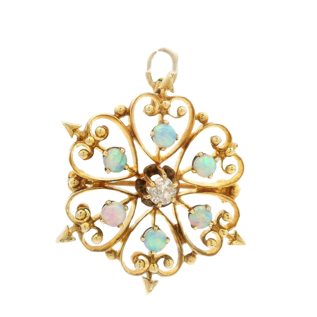 Antique Yellow Gold Opal Diamond Brooch Pendant 13-14K (1 of 8)