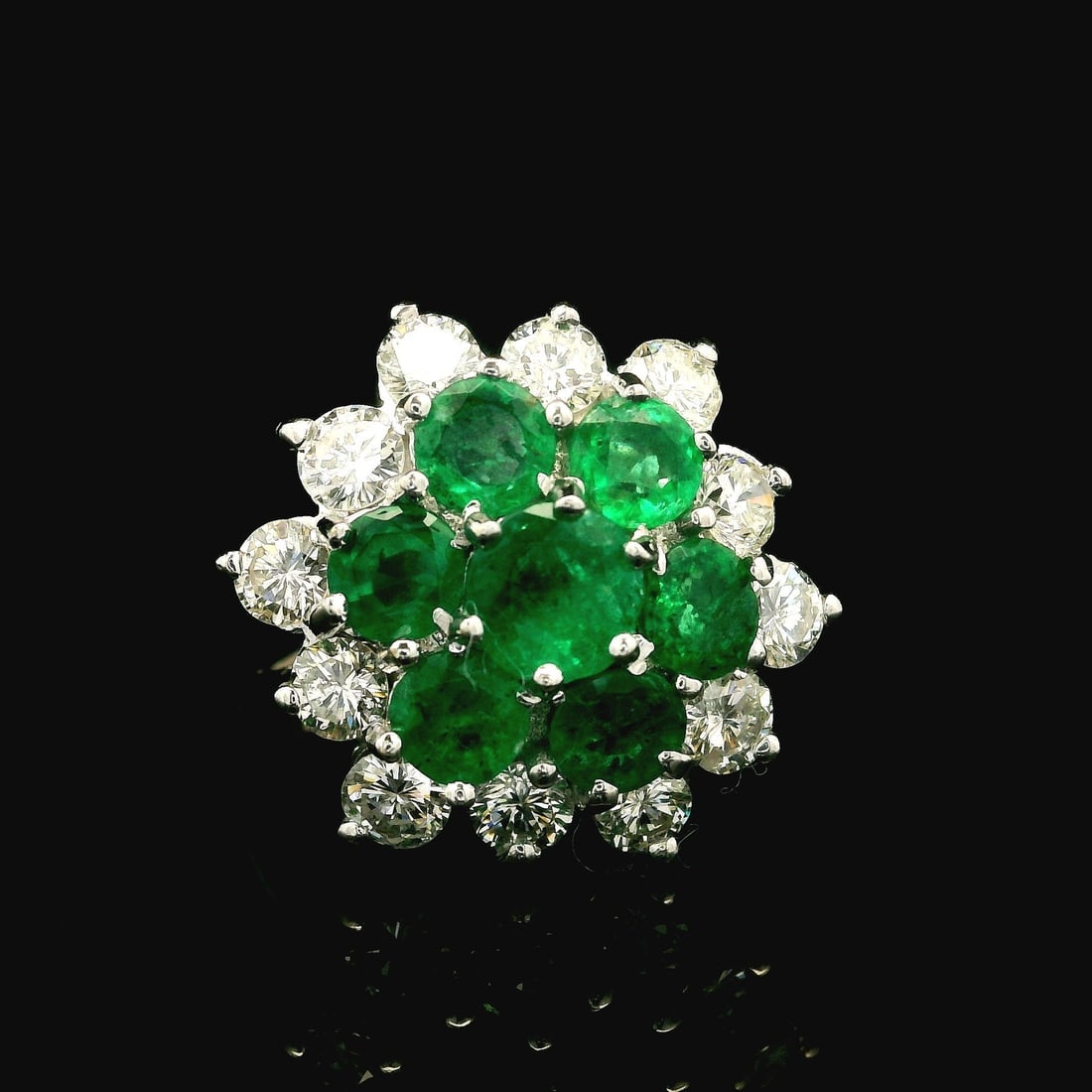 Vintage 18k White Gold 3.75ctw Diamond Emerald Flower Cocktail Ring (1 of 10)