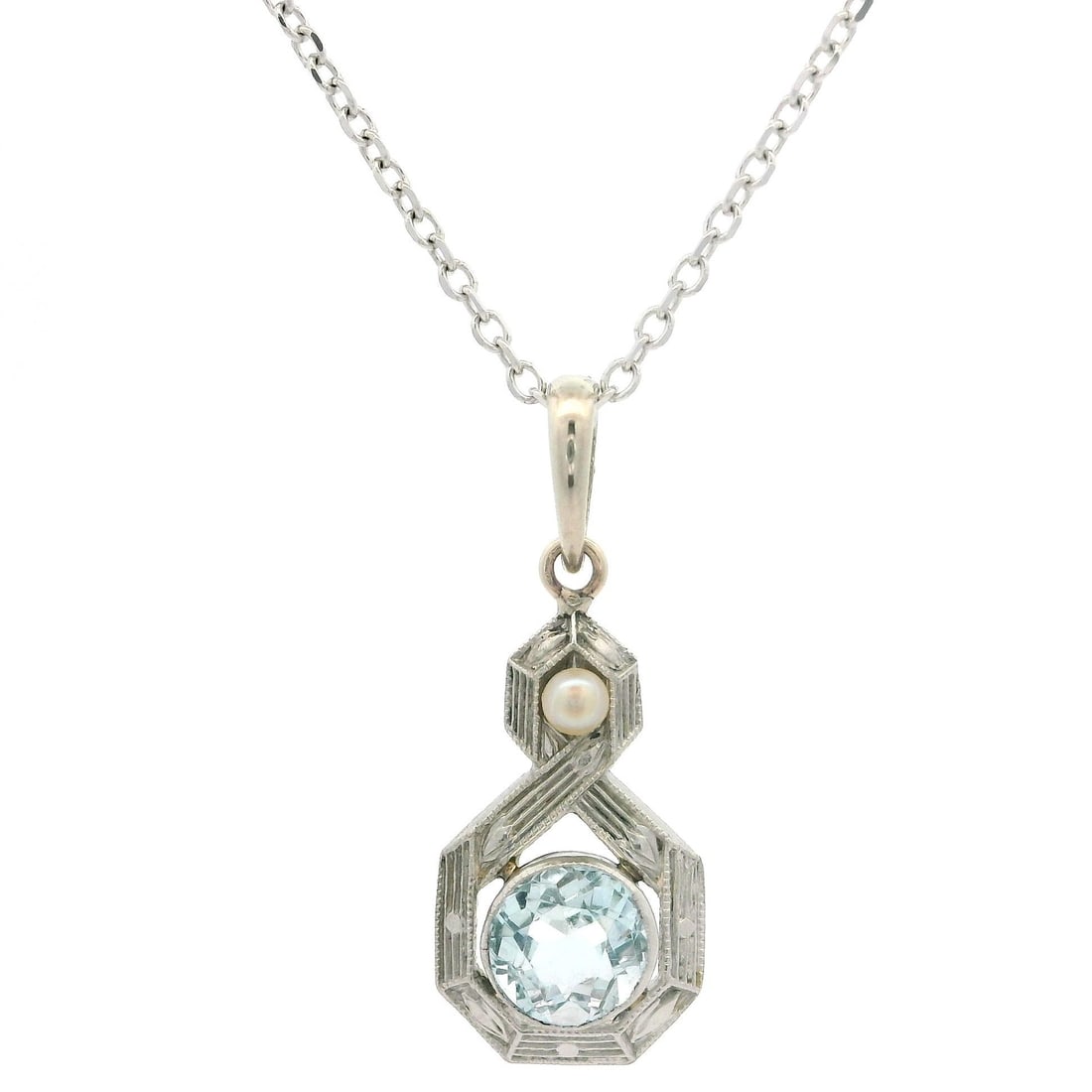 Edwardian 14K Gold Platinum Aquamarine Seed Pearl Pendant Necklace 18 Inch: Edwardian 14K Gold Platinum Aquamarine Seed Pearl Pendant Necklace 18 Inch This exquisite Antique Edwardian necklace features a stunning pendant crafted from a combination of 14K yellow gold and plati
