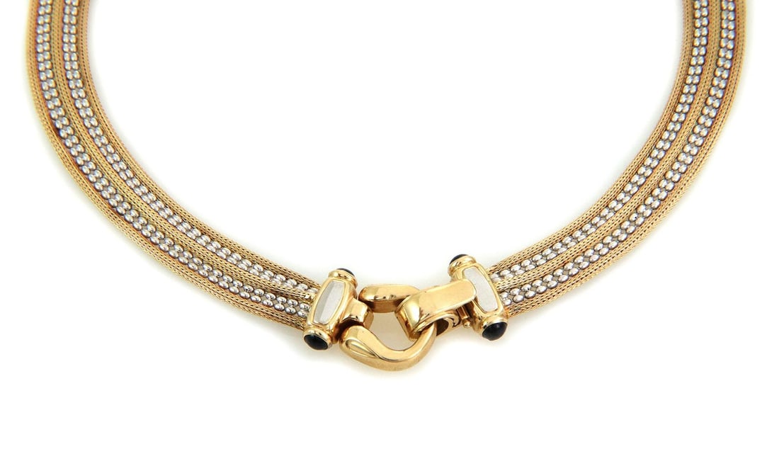 Estate 14k Gold Bead Weave Necklace with Sapphire Ends: Estate 14k Gold Bead Weave Necklace with Sapphire Ends This elegant Estate collar necklace showcases a beautiful design crafted from 14k yellow and white gold. The necklace features a flexible triple-