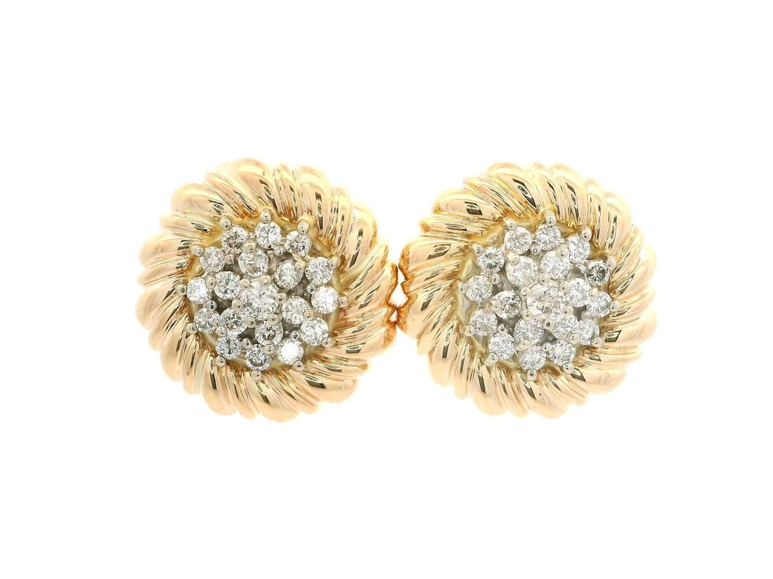 14K Yellow Gold 0.75ct Diamond Cluster Button Earrings: 14K Yellow Gold 0.75ct Diamond Cluster Button Earrings These stunning earrings feature a cluster design showcasing 38 natural brilliant cut diamonds, elegantly prong set in a spiral fluted frame. Craf