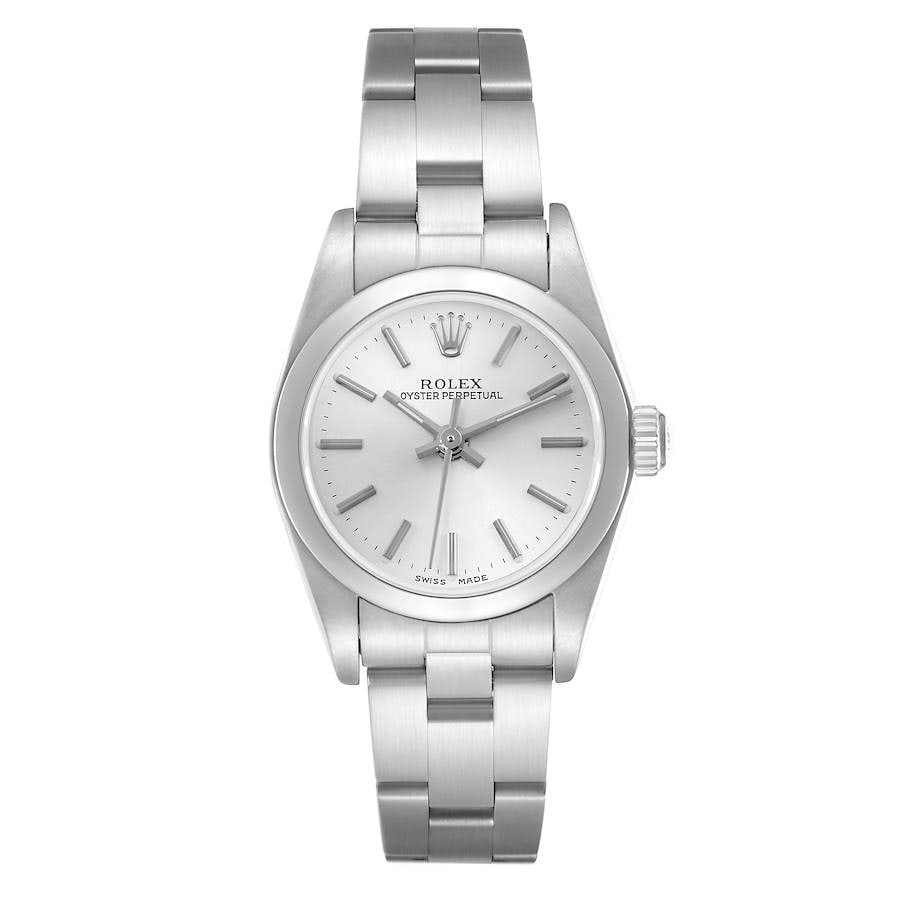 Ladies Oyster Perpetual Rolex Watch Silver Stick Dial Ref 76080: Ladies Oyster Perpetual Rolex Watch Silver Stick Dial Ref 76080 This ladies Rolex Oyster Perpetual watch features a silver stick dial and a smooth bezel, elegantly paired with an Oyster bracelet. The